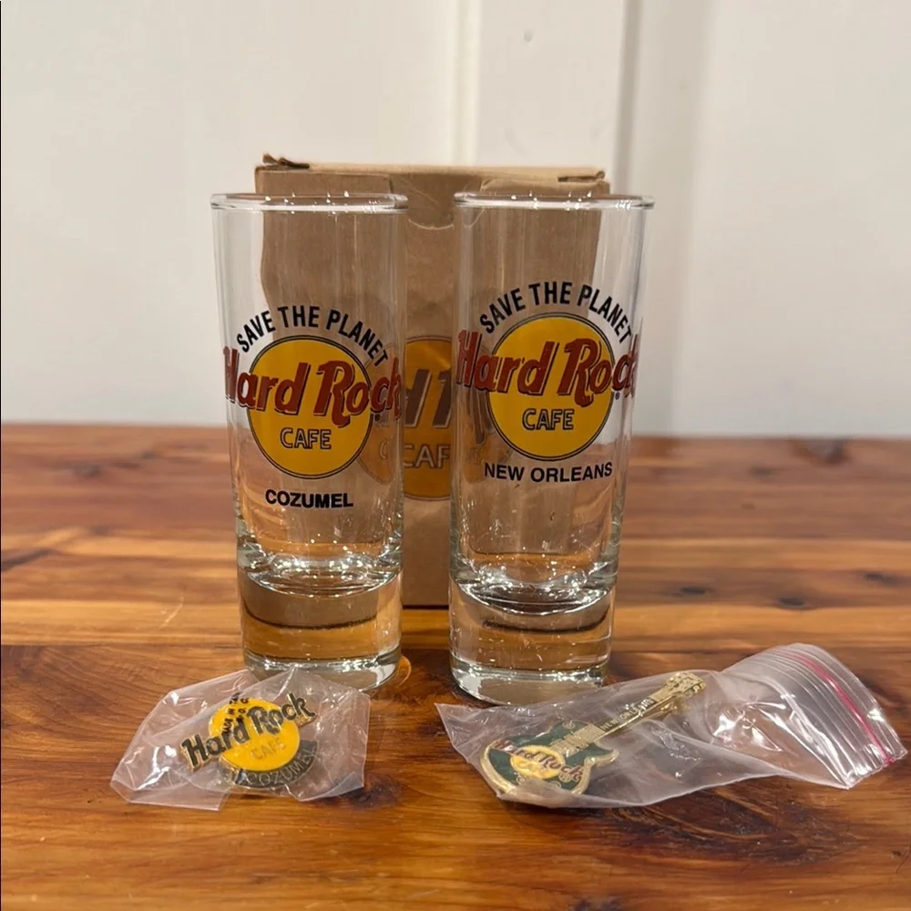 NIB Hard Rock Cafe Shot Glass & Pin Set Cozumel & New Orleans